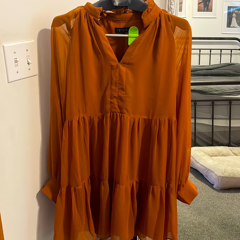 Rust Long Sleeve Chiffon Dress